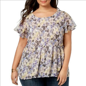 Lucky Brand Floral Print Peplum Flutter Sleeve Open Back Tie Blouse Size 2X